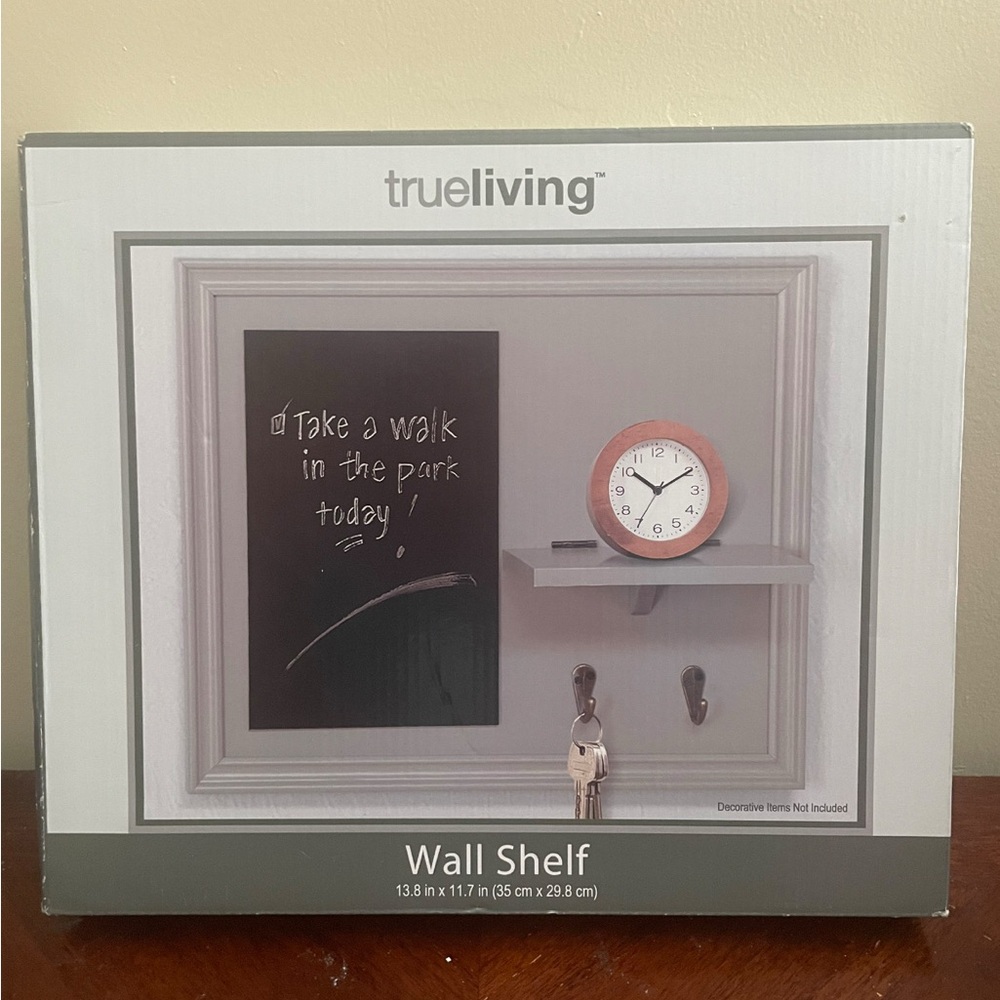 Gray Display Shelf with Chalkboard and Key Hooks